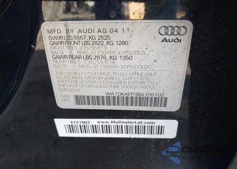 2011 Audi Q5 3.2 Premium Plus из США, поврежденный, VIN WA1DKAFP3BA106102